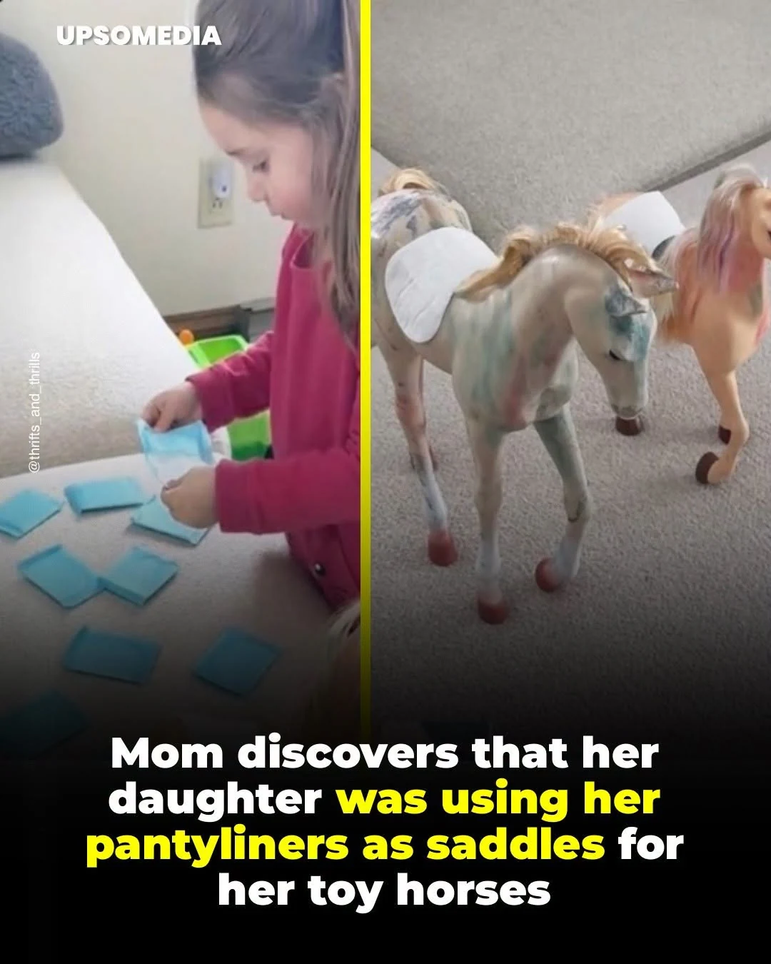 Caballos de juguete con protectores diarios colocados como monturas, junto a una niña jugando.