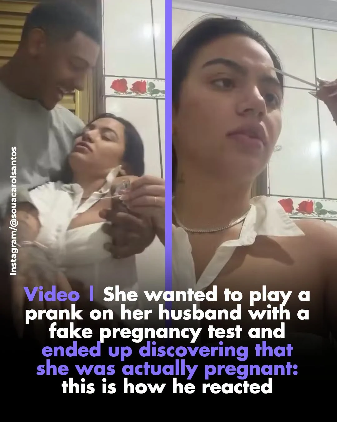 Montaje de la grabación compartida por Carol: sostiene una prueba y recibe el abrazo de su esposo.