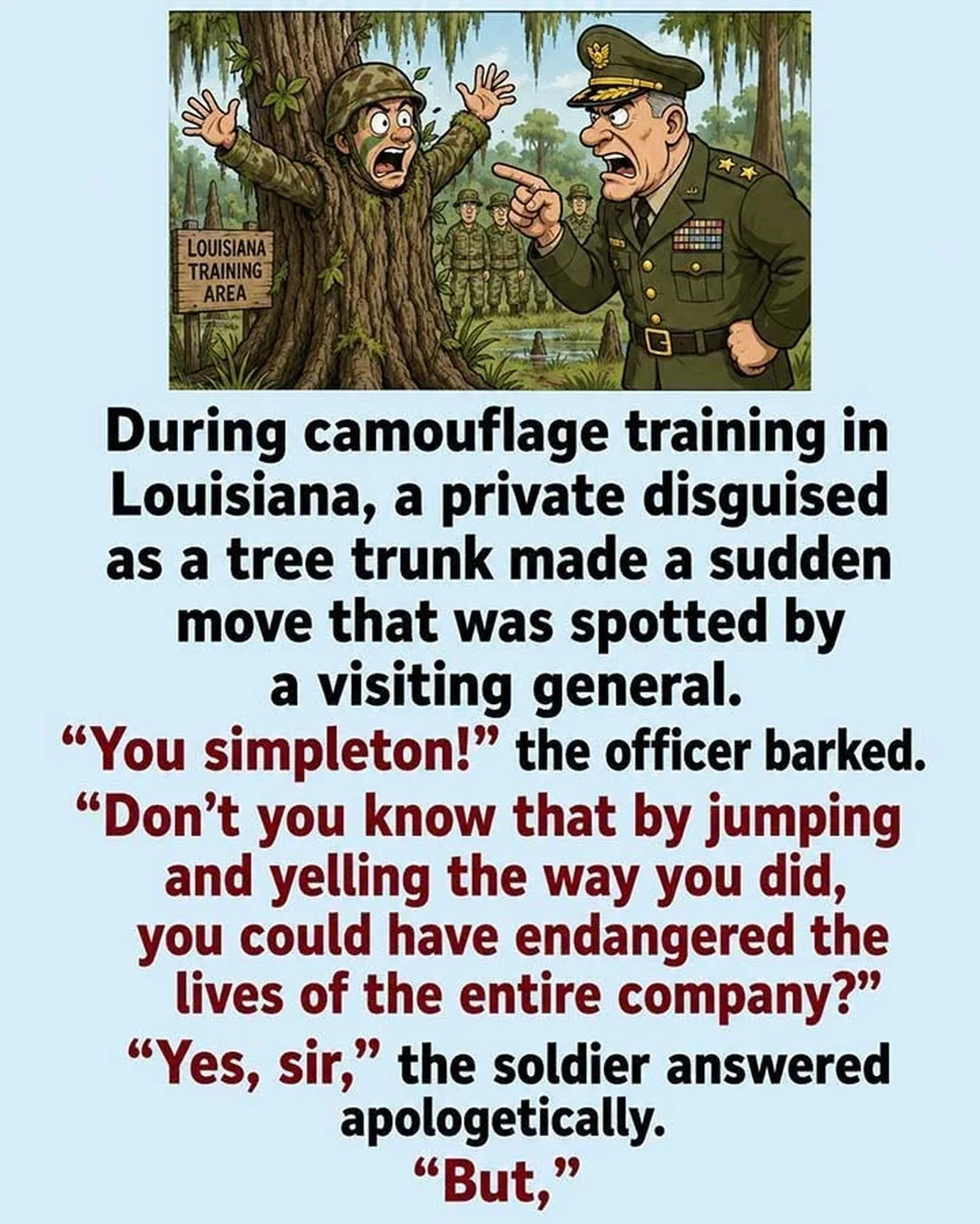 Caricatura de un soldado camuflado como árbol y un oficial, con el comienzo del chiste en inglés.