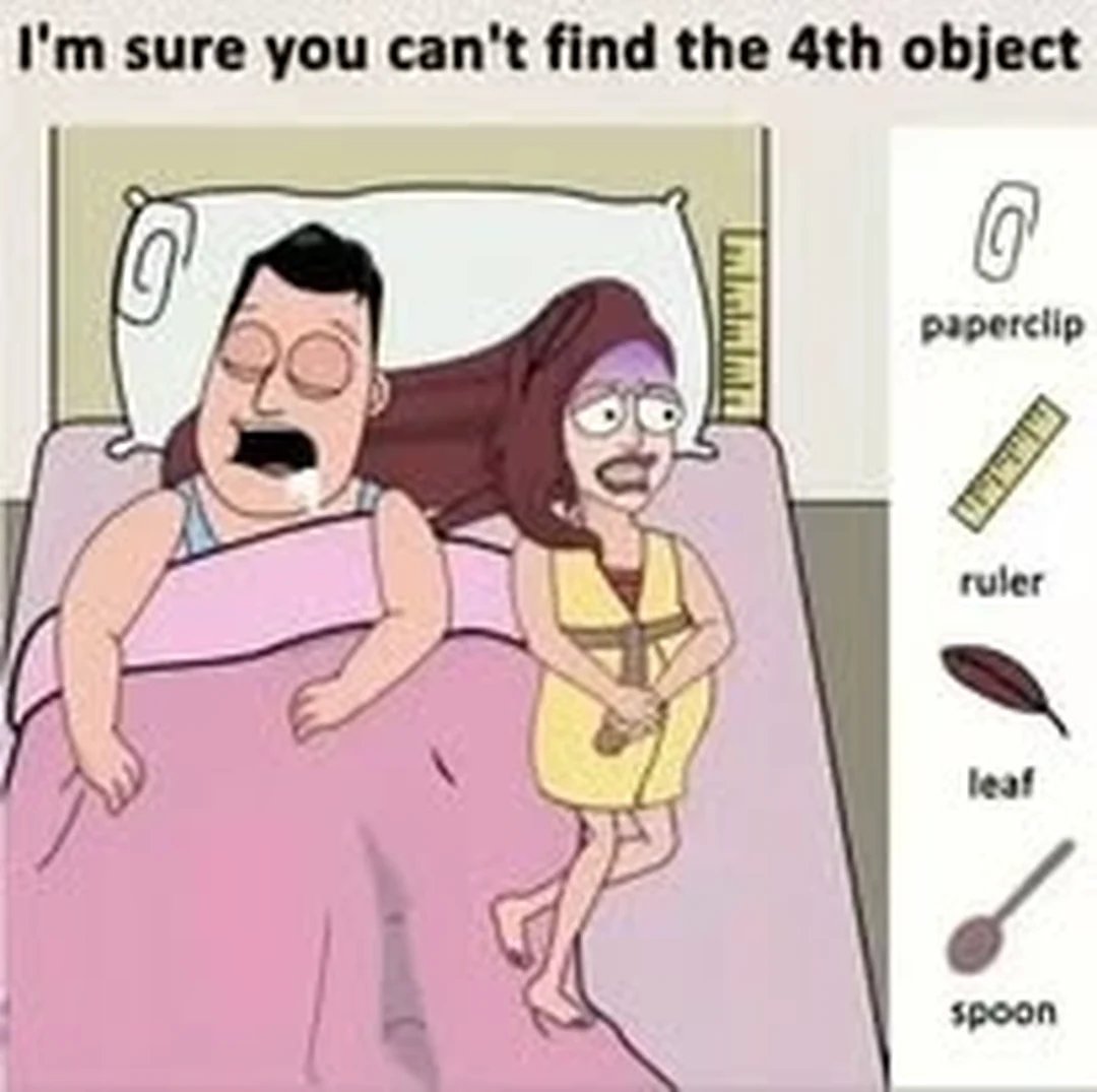 Caricatura de una pareja en una cama con un clip, una regla, una hoja y una cuchara camuflados.