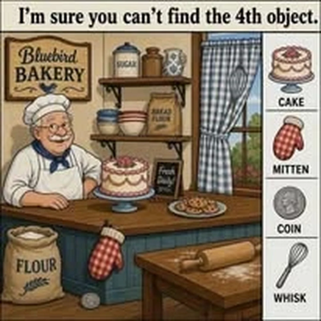 Ilustración de una panadería con cuatro objetos para encontrar.
