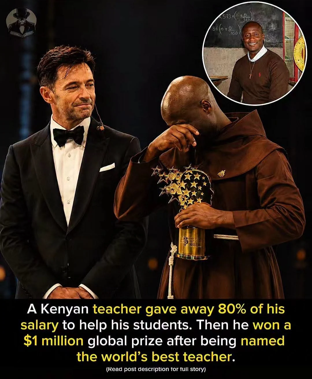 Peter Tabichi con el trofeo Global Teacher Prize junto a Hugh Jackman.