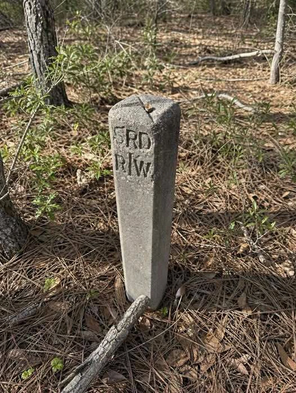 Poste de concreto con las inscripciones SRD y R/W en un terreno con árboles.