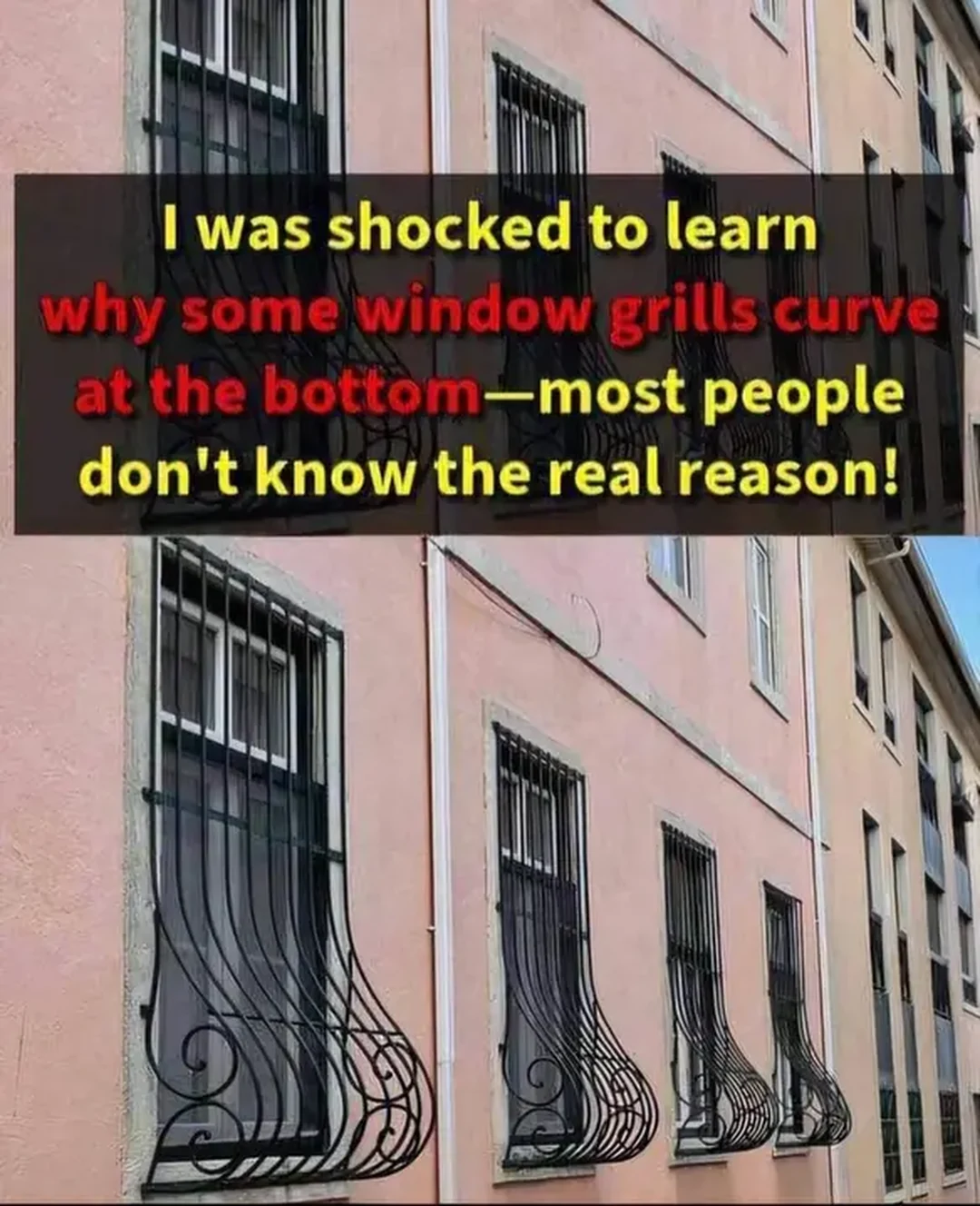 Rejas negras que se curvan hacia afuera en ventanas de una fachada rosa.