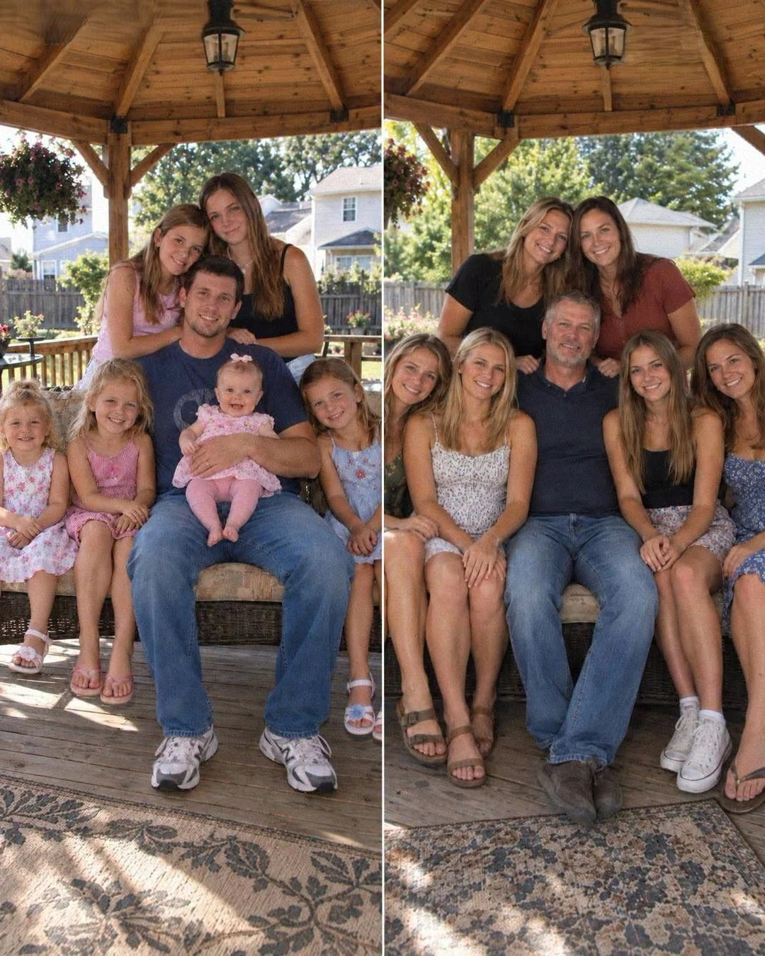 Composición ilustrativa de un padre con seis hijas en dos etapas.