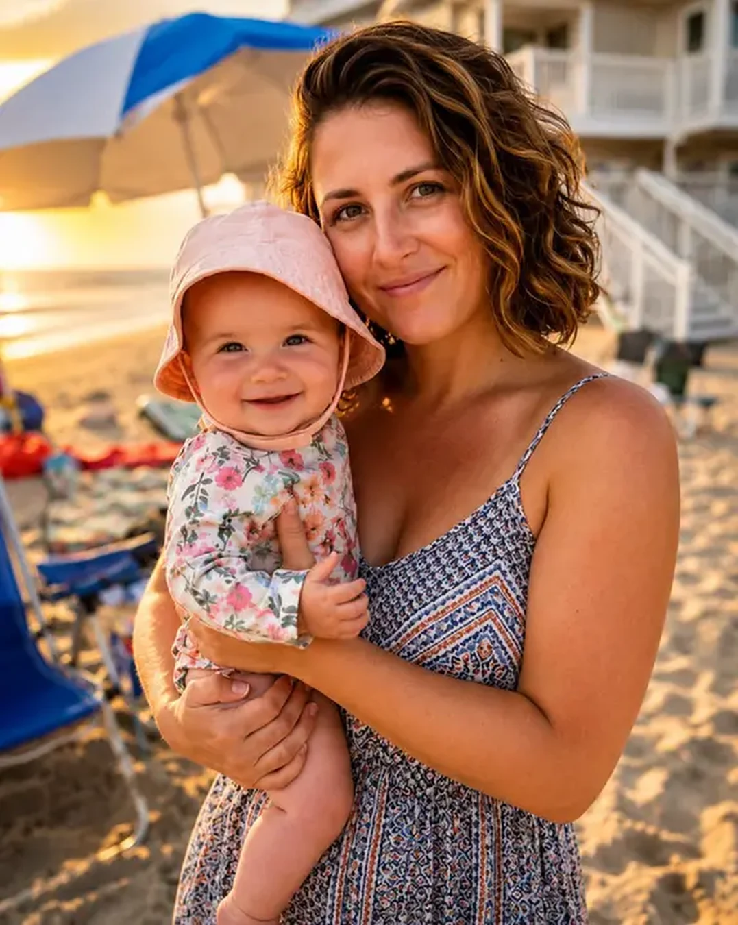 Ilustración de una madre con su bebé en brazos junto a la playa.