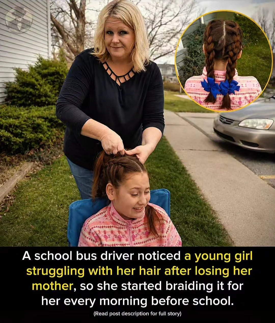 Tracy Dean trenzando el cabello de Isabella, con un detalle del peinado terminado.